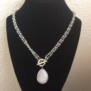 Vintage Gray Calcedony Beads Pear Shape Pendant Two Strands Gold Tone Necklace